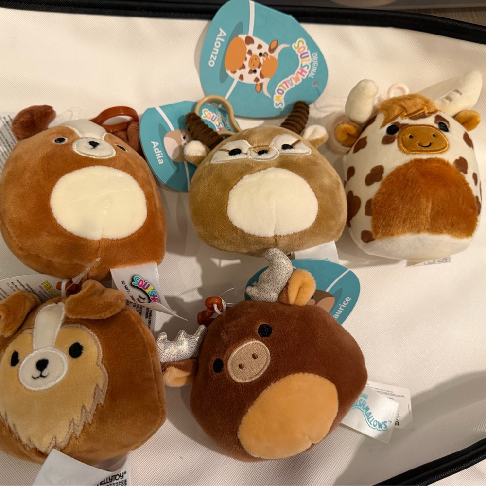 Squishmallows Brown and Cream Animal Clip Plush Set